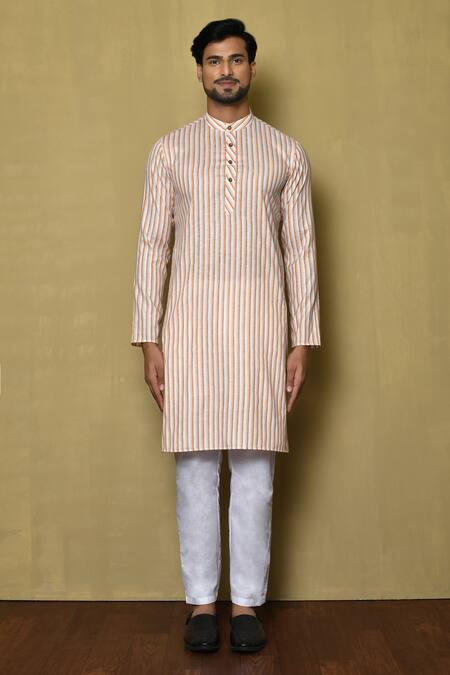 Buy_Arihant Rai Sinha_Orange Cotton Stripe Full Sleeve Vertical Pattern Kurta_Online_at_Aza_Fashions