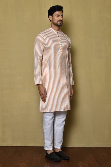 Shop_Arihant Rai Sinha_Orange Cotton Stripe Full Sleeve Vertical Pattern Kurta_Online_at_Aza_Fashions