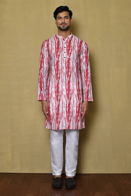 Buy_Arihant Rai Sinha_Red Cotton, Silk Abstract Print Kurta_Online_at_Aza_Fashions