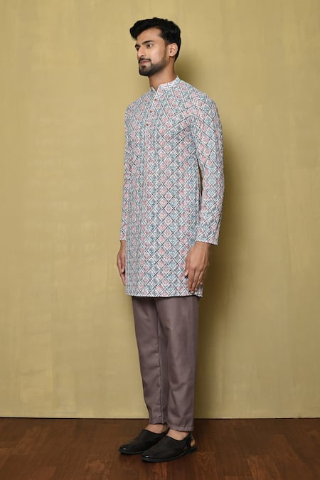 Shop_Arihant Rai Sinha_Multi Color Georgette Embroidery Floret Checkered Print Kurta_Online_at_Aza_Fashions