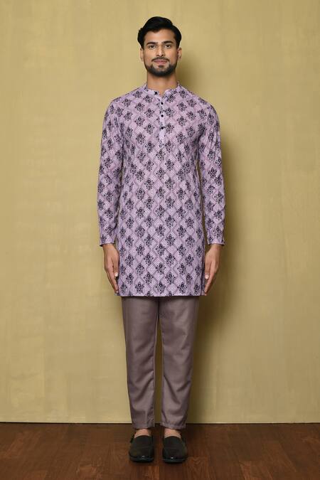 Arihant Rai Sinha_Purple Georgette Embroidery Bloom Print Short Kurta_Online_at_Aza_Fashions