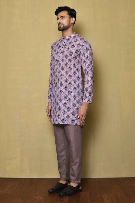 Shop_Arihant Rai Sinha_Purple Georgette Embroidery Bloom Print Short Kurta_Online_at_Aza_Fashions