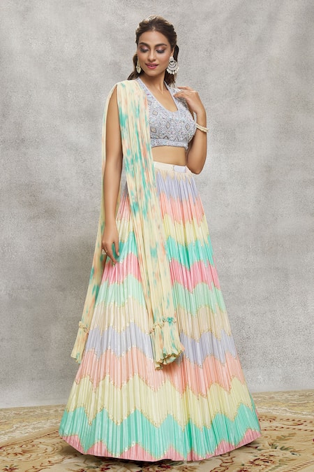 Buy Ariyana By Aza Multi Color Net, Chiffon Sequins, Cut Work, Embroidery Round Blocked Lehenga Set Buy_Ariyana By Aza_Multi Color Net, Chiffon Sequins, Cut Work, Embroidery Round Blocked Lehenga Set