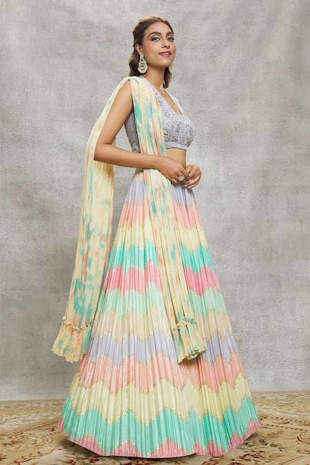 Shop Ariyana By Aza Multi Color Net, Chiffon Sequins, Cut Work, Embroidery Round Blocked Lehenga Set Shop_Ariyana By Aza_Multi Color Net, Chiffon Sequins, Cut Work, Embroidery Round Blocked Lehenga Set