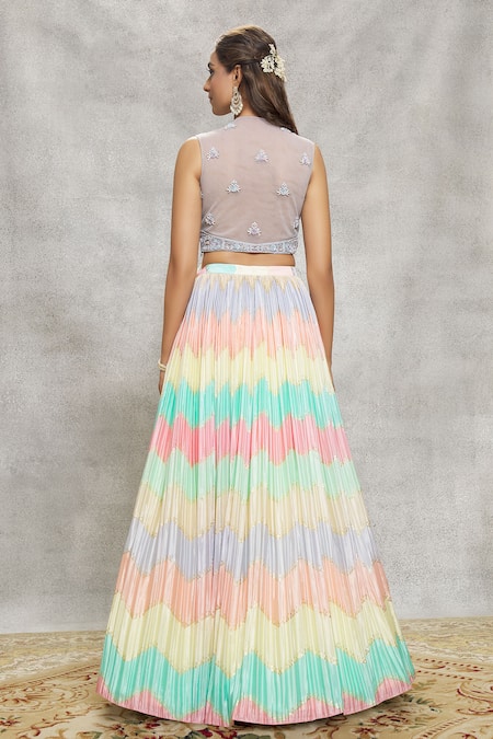 Shop Ariyana By Aza Multi Color Net, Chiffon Sequins, Cut Work, Embroidery Round Blocked Lehenga Set at Aza Fashions Shop_Ariyana By Aza_Multi Color Net, Chiffon Sequins, Cut Work, Embroidery Round Blocked Lehenga Set _at_Aza_Fashions