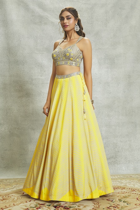 Aariyana Couture Yellow Silk, Chiffon, Georgette Mirrors, Embroidery V-neck Lehenga Set Online at Aza Fashions Aariyana Couture_Yellow Silk, Chiffon, Georgette Mirrors, Embroidery V-neck Lehenga Set _Online_at_Aza_Fashions