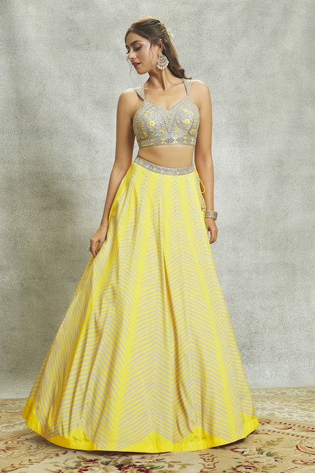 Buy Aariyana Couture Yellow Silk, Chiffon, Georgette Mirrors, Embroidery V-neck Lehenga Set Online at Aza Fashions Buy_Aariyana Couture_Yellow Silk, Chiffon, Georgette Mirrors, Embroidery V-neck Lehenga Set _Online_at_Aza_Fashions