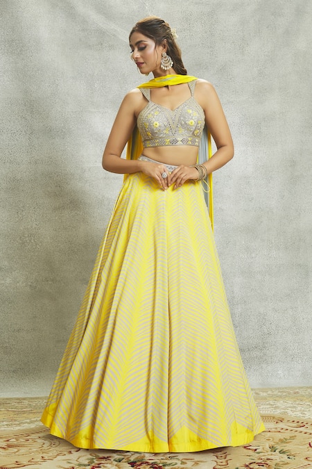 Shop Aariyana Couture Yellow Silk, Chiffon, Georgette Mirrors, Embroidery V-neck Lehenga Set Online at Aza Fashions Shop_Aariyana Couture_Yellow Silk, Chiffon, Georgette Mirrors, Embroidery V-neck Lehenga Set _Online_at_Aza_Fashions