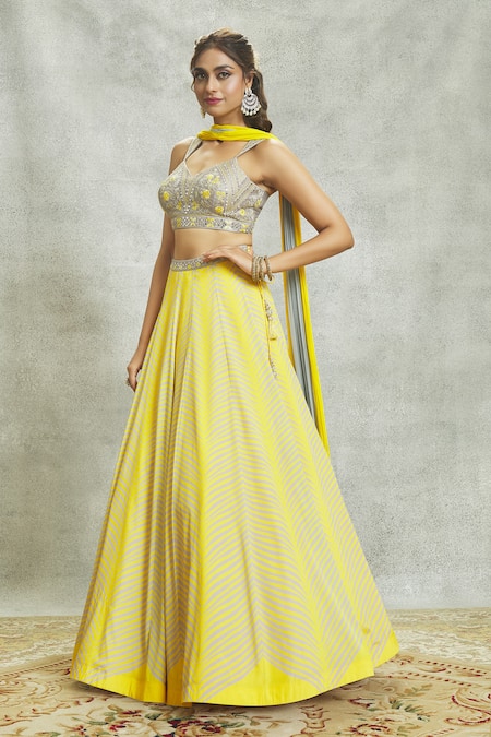 Aariyana Couture Yellow Silk, Chiffon, Georgette Mirrors, Embroidery V-neck Lehenga Set at Aza Fashions Aariyana Couture_Yellow Silk, Chiffon, Georgette Mirrors, Embroidery V-neck Lehenga Set _at_Aza_Fashions