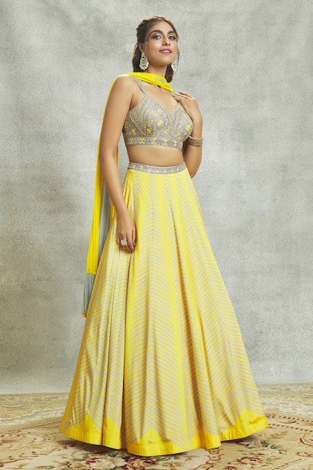 Buy Aariyana Couture Yellow Silk, Chiffon, Georgette Mirrors, Embroidery V-neck Lehenga Set Buy_Aariyana Couture_Yellow Silk, Chiffon, Georgette Mirrors, Embroidery V-neck Lehenga Set