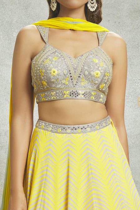 Shop Aariyana Couture Yellow Silk, Chiffon, Georgette Mirrors, Embroidery V-neck Lehenga Set Shop_Aariyana Couture_Yellow Silk, Chiffon, Georgette Mirrors, Embroidery V-neck Lehenga Set