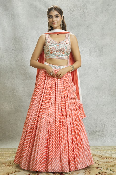 Buy Peach Lehenga Chinnon Embroidered Hand Leaf Stripe Pattern Set For  Women by Alaya Advani Online at Aza Fashions.