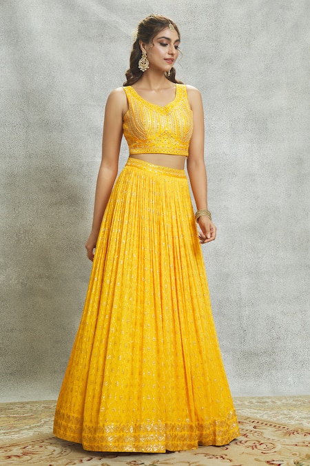 Buy Ariyana By Aza Yellow Silk, Georgette, Net Embroidery, Mirrors, Sequins Embellished Lehenga Set Online at Aza Fashions Buy_Ariyana By Aza_Yellow Silk, Georgette, Net Embroidery, Mirrors, Sequins Embellished Lehenga Set _Online_at_Aza_Fashions