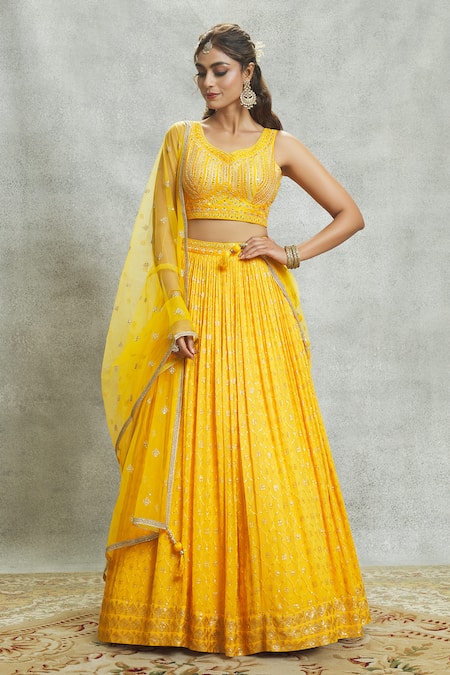 Shop Ariyana By Aza Yellow Silk, Georgette, Net Embroidery, Mirrors, Sequins Embellished Lehenga Set Online at Aza Fashions Shop_Ariyana By Aza_Yellow Silk, Georgette, Net Embroidery, Mirrors, Sequins Embellished Lehenga Set _Online_at_Aza_Fashions