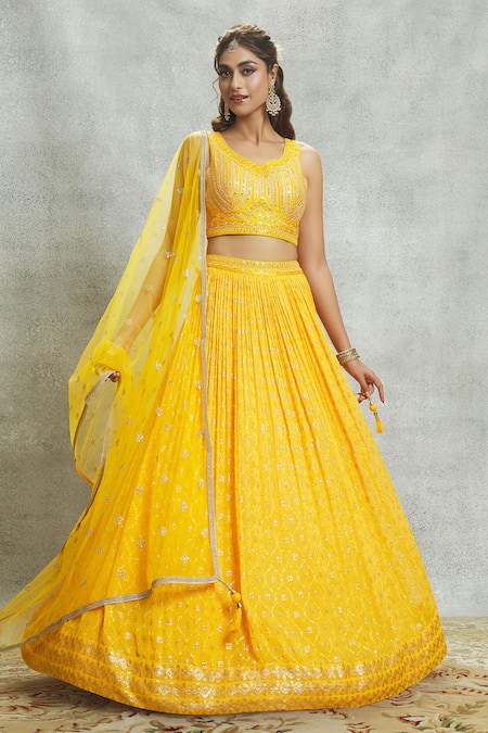 Ariyana By Aza Yellow Silk, Georgette, Net Embroidery, Mirrors, Sequins Embellished Lehenga Set at Aza Fashions Ariyana By Aza_Yellow Silk, Georgette, Net Embroidery, Mirrors, Sequins Embellished Lehenga Set _at_Aza_Fashions