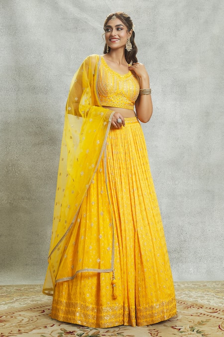 Buy Ariyana By Aza Yellow Silk, Georgette, Net Embroidery, Mirrors, Sequins Embellished Lehenga Set Buy_Ariyana By Aza_Yellow Silk, Georgette, Net Embroidery, Mirrors, Sequins Embellished Lehenga Set