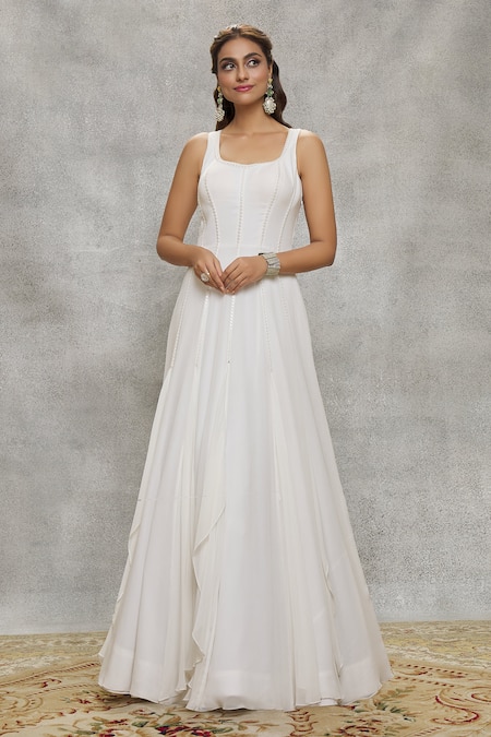 Aariyana Couture White Georgette Embroidery Square , Round Mirror Gown With Jacket Online at Aza Fashions Aariyana Couture_White Georgette Embroidery Square , Round Mirror Gown With Jacket _Online_at_Aza_Fashions