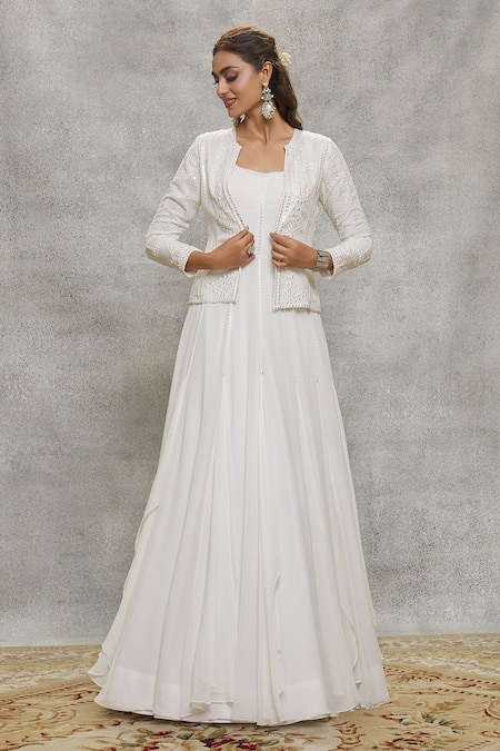 Shop Aariyana Couture White Georgette Embroidery Square , Round Mirror Gown With Jacket Online at Aza Fashions Shop_Aariyana Couture_White Georgette Embroidery Square , Round Mirror Gown With Jacket _Online_at_Aza_Fashions