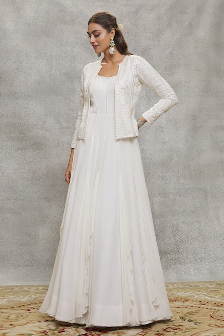 Aariyana Couture White Georgette Embroidery Square , Round Mirror Gown With Jacket at Aza Fashions Aariyana Couture_White Georgette Embroidery Square , Round Mirror Gown With Jacket _at_Aza_Fashions