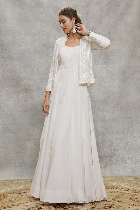 Buy Aariyana Couture White Georgette Embroidery Square , Round Mirror Gown With Jacket Buy_Aariyana Couture_White Georgette Embroidery Square , Round Mirror Gown With Jacket
