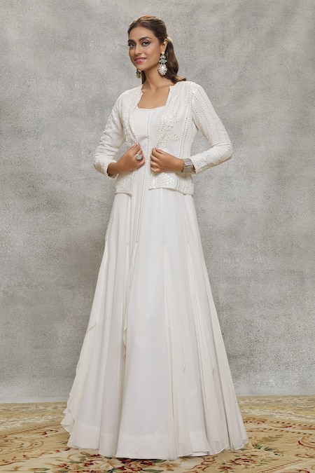Shop Aariyana Couture White Georgette Embroidery Square , Round Mirror Gown With Jacket Shop_Aariyana Couture_White Georgette Embroidery Square , Round Mirror Gown With Jacket