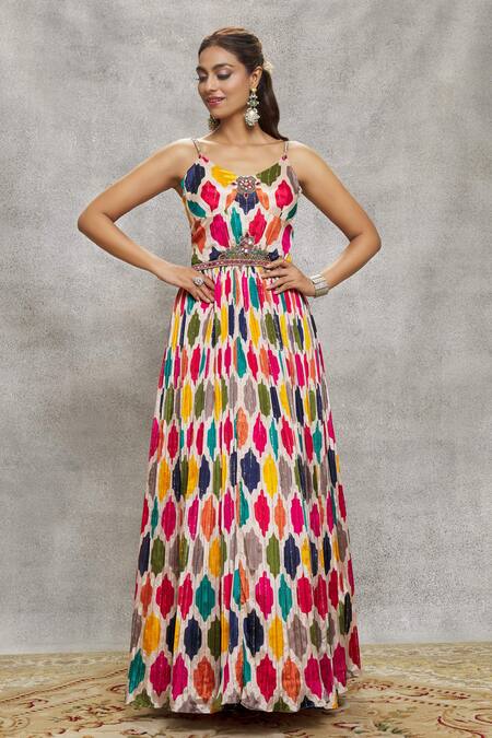 Aariyana Couture Multi Color Chiffon, Net Abstract Print Embroidered Anarkali With Dupatta Online at Aza Fashions Aariyana Couture_Multi Color Chiffon, Net Abstract Print Embroidered Anarkali With Dupatta_Online_at_Aza_Fashions