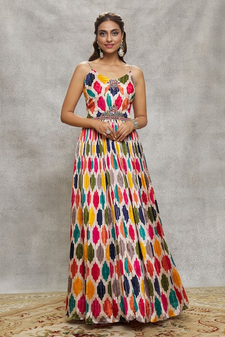 Shop Aariyana Couture Multi Color Chiffon, Net Abstract Print Embroidered Anarkali With Dupatta Online at Aza Fashions Shop_Aariyana Couture_Multi Color Chiffon, Net Abstract Print Embroidered Anarkali With Dupatta_Online_at_Aza_Fashions