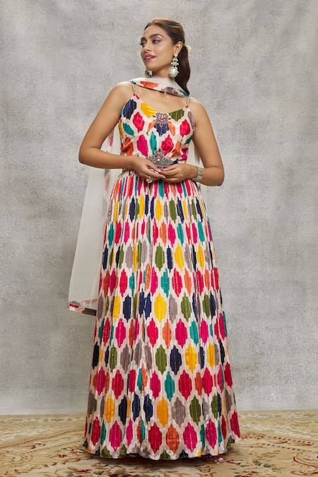 Buy Aariyana Couture Multi Color Chiffon, Net Abstract Print Embroidered Anarkali With Dupatta Buy_Aariyana Couture_Multi Color Chiffon, Net Abstract Print Embroidered Anarkali With Dupatta