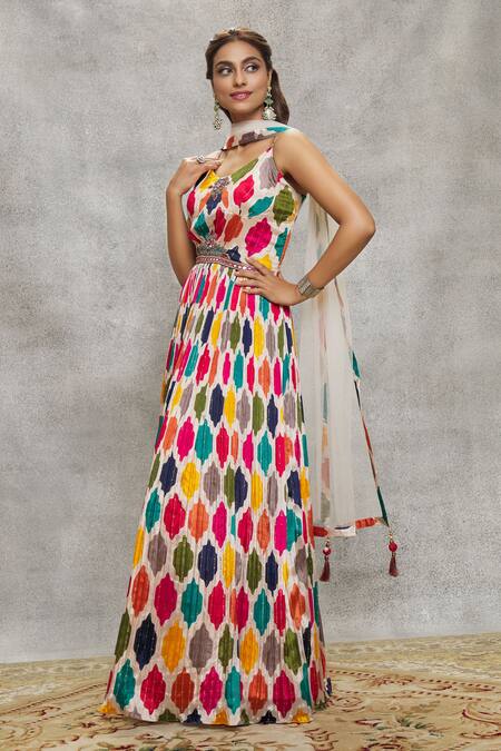 Shop Aariyana Couture Multi Color Chiffon, Net Abstract Print Embroidered Anarkali With Dupatta Shop_Aariyana Couture_Multi Color Chiffon, Net Abstract Print Embroidered Anarkali With Dupatta