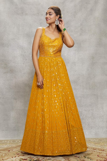 Aariyana Couture Yellow Georgette, Net Sequins, Mirrors And Embroidered Anarkali With Dupatta Online at Aza Fashions Aariyana Couture_Yellow Georgette, Net Sequins, Mirrors And Embroidered Anarkali With Dupatta _Online_at_Aza_Fashions
