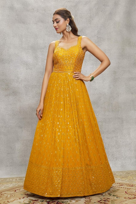 Buy Aariyana Couture Yellow Georgette, Net Sequins, Mirrors And Embroidered Anarkali With Dupatta Online at Aza Fashions Buy_Aariyana Couture_Yellow Georgette, Net Sequins, Mirrors And Embroidered Anarkali With Dupatta _Online_at_Aza_Fashions
