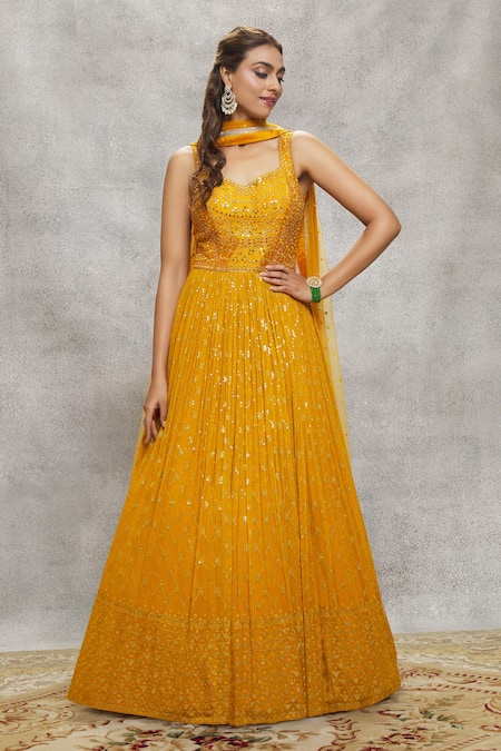 Buy Yellow Anarkali Georgette Embroidered Sequin And Mirror With