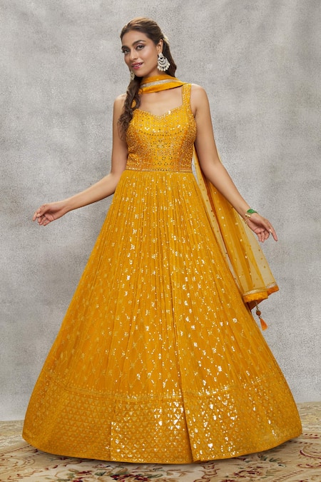 Buy Aariyana Couture Yellow Georgette, Net Sequins, Mirrors And Embroidered Anarkali With Dupatta Buy_Aariyana Couture_Yellow Georgette, Net Sequins, Mirrors And Embroidered Anarkali With Dupatta
