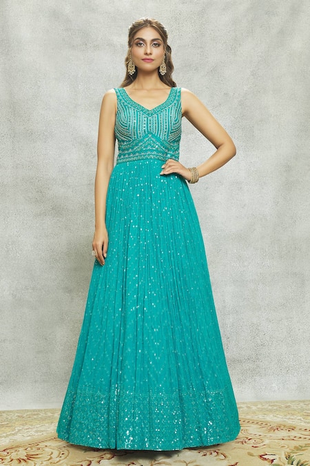 Buy_Aariyana Couture_Blue Georgette, Net Sequins, Mirrors V-neck And Embellished Anarkali With Dupatta _Online_at_Aza_Fashions