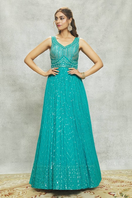 Shop_Aariyana Couture_Blue Georgette, Net Sequins, Mirrors V-neck And Embellished Anarkali With Dupatta _Online_at_Aza_Fashions
