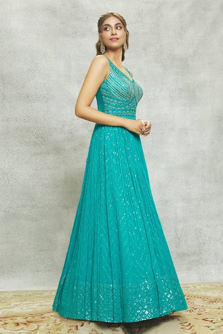 Aariyana Couture_Blue Georgette, Net Sequins, Mirrors V-neck And Embellished Anarkali With Dupatta _at_Aza_Fashions