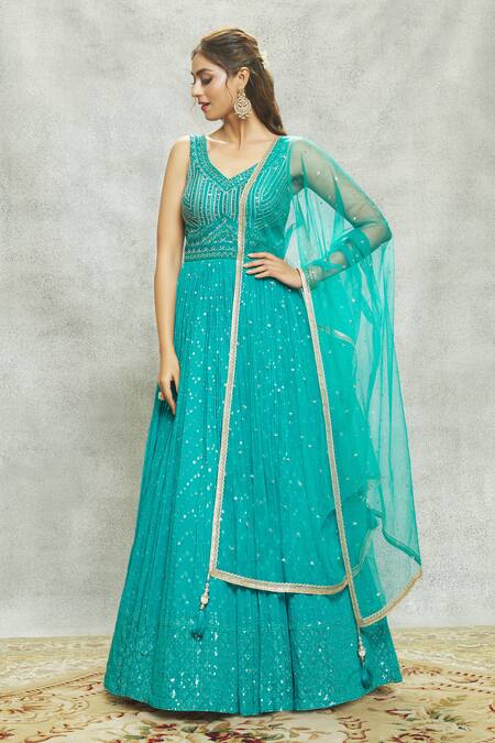 Buy_Aariyana Couture_Blue Georgette, Net Sequins, Mirrors V-neck And Embellished Anarkali With Dupatta 