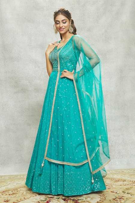 Shop_Aariyana Couture_Blue Georgette, Net Sequins, Mirrors V-neck And Embellished Anarkali With Dupatta 