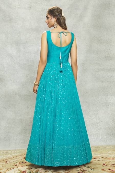 Aariyana Couture_Blue Georgette, Net Sequins, Mirrors V-neck And Embellished Anarkali With Dupatta _Online_at_Aza_Fashions
