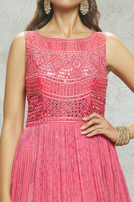 Aariyana Couture Peach Georgette, Net Embroidery, Sequins, Mirrors Boat And Anarkali With Dupatta Online at Aza Fashions Aariyana Couture_Peach Georgette, Net Embroidery, Sequins, Mirrors Boat And Anarkali With Dupatta _Online_at_Aza_Fashions