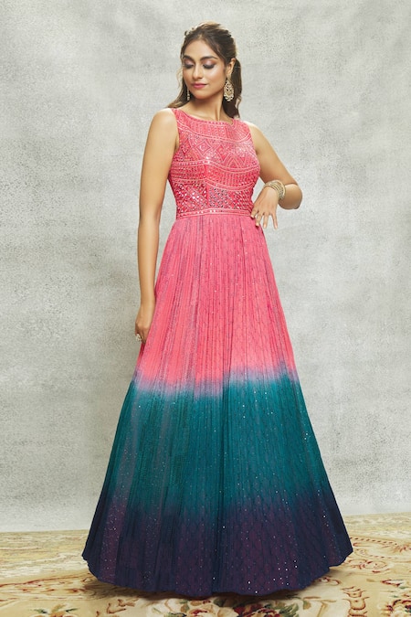 Shop Aariyana Couture Peach Georgette, Net Embroidery, Sequins, Mirrors Boat And Anarkali With Dupatta Online at Aza Fashions Shop_Aariyana Couture_Peach Georgette, Net Embroidery, Sequins, Mirrors Boat And Anarkali With Dupatta _Online_at_Aza_Fashions