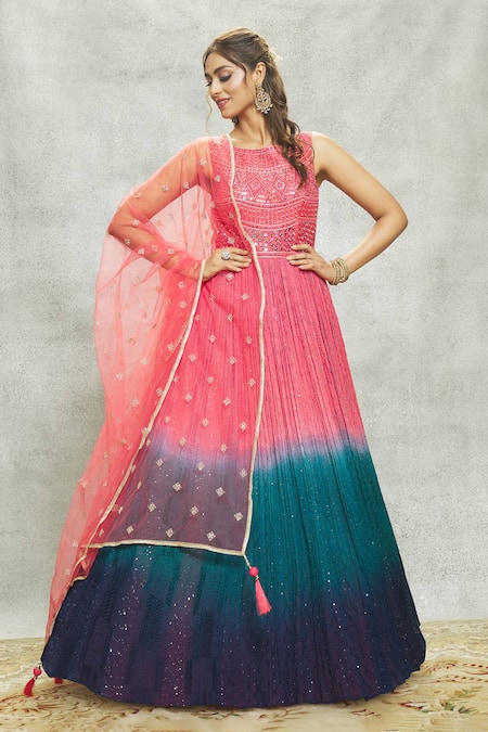 Buy Aariyana Couture Peach Georgette, Net Embroidery, Sequins, Mirrors Boat And Anarkali With Dupatta Buy_Aariyana Couture_Peach Georgette, Net Embroidery, Sequins, Mirrors Boat And Anarkali With Dupatta