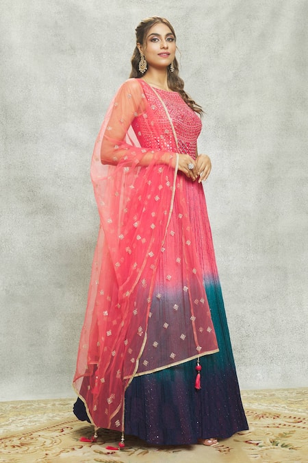 Shop Aariyana Couture Peach Georgette, Net Embroidery, Sequins, Mirrors Boat And Anarkali With Dupatta Shop_Aariyana Couture_Peach Georgette, Net Embroidery, Sequins, Mirrors Boat And Anarkali With Dupatta