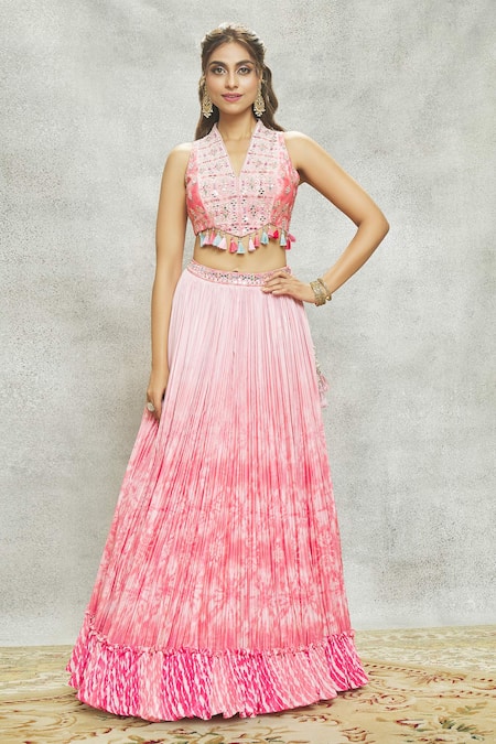 Aariyana Couture_Peach Chiffon, Georgette Mirrors, Sequins V-neck Tassel Embroidered Lehenga Set_Online_at_Aza_Fashions
