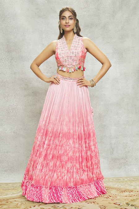 Buy_Aariyana Couture_Peach Chiffon, Georgette Mirrors, Sequins V-neck Tassel Embroidered Lehenga Set_Online_at_Aza_Fashions