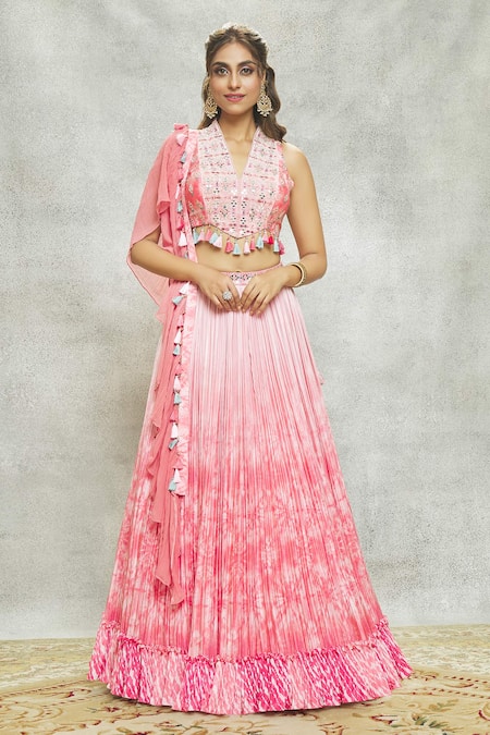 Shop_Aariyana Couture_Peach Chiffon, Georgette Mirrors, Sequins V-neck Tassel Embroidered Lehenga Set_Online_at_Aza_Fashions