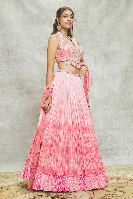 Buy_Aariyana Couture_Peach Chiffon, Georgette Mirrors, Sequins V-neck Tassel Embroidered Lehenga Set