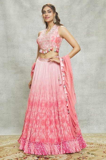 Shop_Aariyana Couture_Peach Chiffon, Georgette Mirrors, Sequins V-neck Tassel Embroidered Lehenga Set
