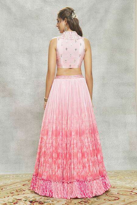 Shop_Aariyana Couture_Peach Chiffon, Georgette Mirrors, Sequins V-neck Tassel Embroidered Lehenga Set_at_Aza_Fashions