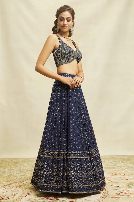 Buy_Aariyana Couture_Blue Silk, Net, Georgette Embroidery, Sequins Asymmetric Embellished Lehenga Set _Online_at_Aza_Fashions